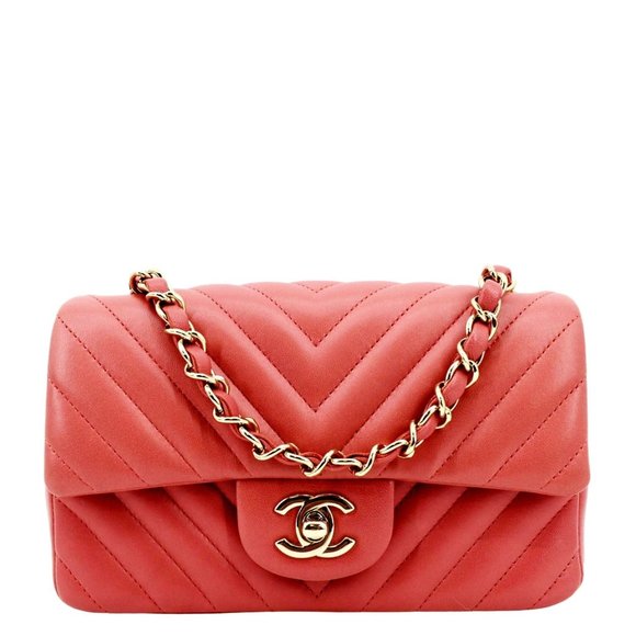 CHANEL  Rectangular Flap Mini Quilted Chevron Leather Shoulder Bag Red - Picture 1 of 12